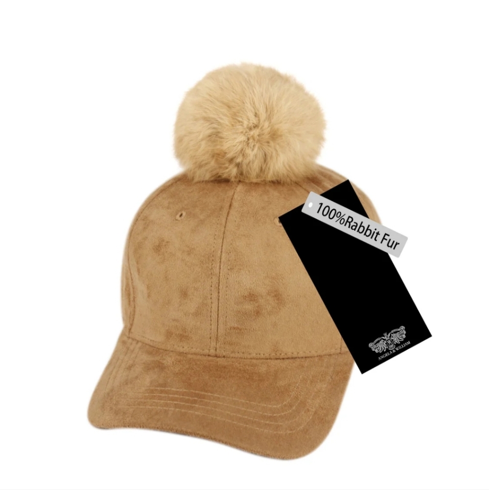 NEW Women's faux suede leather tan baseball cap with real rabbit fur pompom